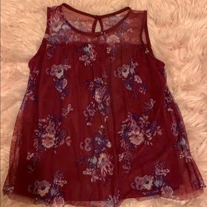 Dark Red Floral Sleeveless Babydoll Blouse